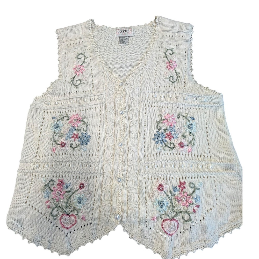 STUNNING VTG Jenny  Floral Embroid  Knit Vest Cream Pearl Accent‎ Cottagecore M